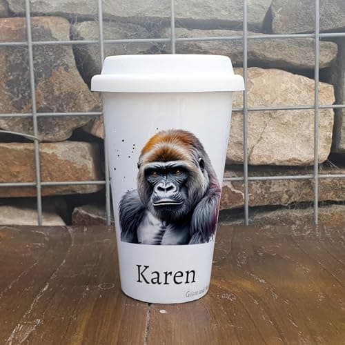 Personalised Gorilla Travel Mug, Gift for Safari Lover, Thank you present for Zoo Animal Lover, Hot Drinks Flask, Insulated Coffee Cup — view 5