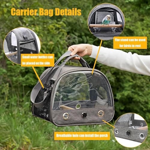 Bird Carrying Backpack,Travel Bag,Stainless Steel Tray Stand Perch,Portable,Washable,Outdoor,for Parrot Hiking,Camping,with 1 Stone Molars-Grey — view 3