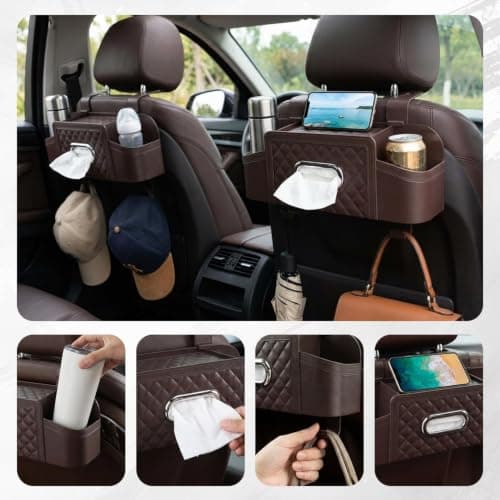 Car Seat Back Organizer with Cup Holder and Tissue Box, Plastic Multifunctional Storage Box for Car Travel Accessories, Cup Holders, Tissue Box and Hooks (Brown) — view 4