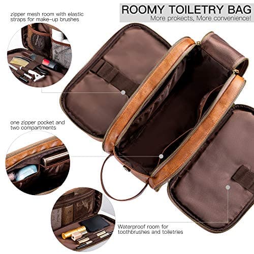 Elviros PU Leather Toiletry Bag for Men Water-Resistant, Brown-Large — view 2