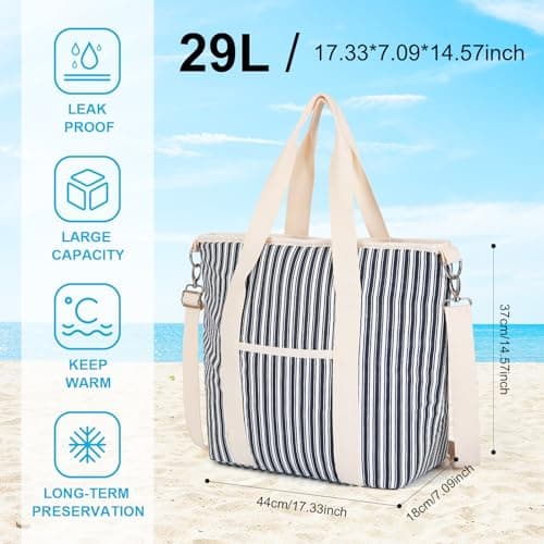 Nanxson 9L/15L/29L Large Insulated Lunch Bag for Women Adult Reusable Leakproof Picnic Lunch Box Freezable Cooler Tote Bag (29L,B-Navy Stripe) — view 3