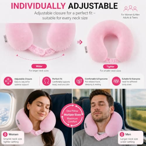 Egret Memory Foam Travel Neck Pillow, 360° Head, Neck & Chin Support, 2-Level Adjustable Neck Pillow for Travel with Removable Washable Cover, for Long Flights (Pink — view 5