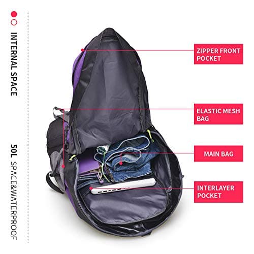 free knight 50L Waterproof Ultra Lightweight Hiking Backpack,Frameless,Outdoor Sport Daypack Travel Bag for Climbing Camping Touring Mountaineering Fishing (Purple) — view 4