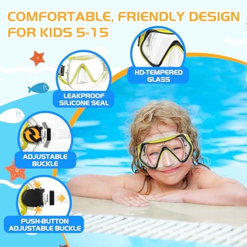 MELUMILU Kids Snorkel Set, Dry Snorkel Set 180° Panoramic Wide View Anti-Fog Scuba Diving Mask, for Kids Youth Boys Girls Junior Age 5-15 (Clear Yellow) — view 4