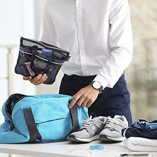DV Lifestyle Mesh Shower Bag 25 x 26cm Caddy with Zipper & 2 Pockets. Quick-Dry Portable Toiletry Tote for Bathroom, Gym, Travel, Camp, Beach, for Sunscreen, Dorm & College Essentials (Black) — view 3