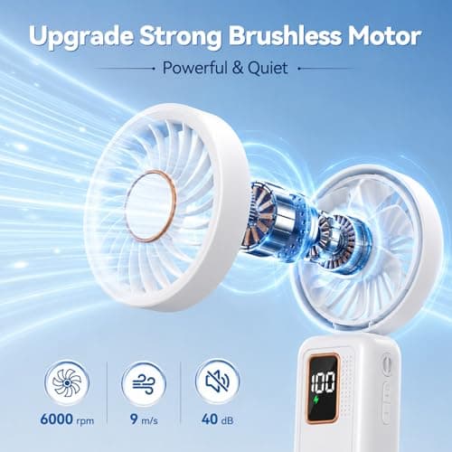 Handheld Fan, 5 Speed & 14H Cooling Portable Fan, 6000mAh USB Rechargeable Mini Fan with LED Display, Powerful but Quiet, Foldable Desk Fan, Lanyard for Neck Fan, Personal Fan for Travel/Office/Home — view 3