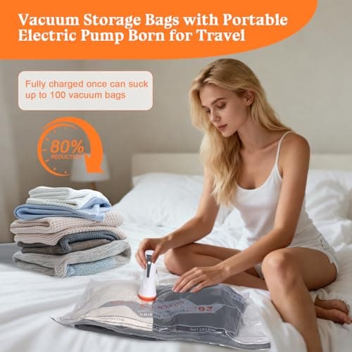 Vacuum Storage Bags for Travel with Electric Pump - 12 Pack Vacuum Seal Bags for Clothing, Blankets, Bedding, Seasonal Storage, 85% Space Saver Compression Packing Bags for Suitcase and Luggage — view 6