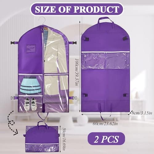 SPOKKI 2 Pcs 40 Inch Dance Costume Bag, Space-Saving Hanging Dress Bags with 5 Zippered Pockets, Waterproof & Foldable Travel Garment Bags with ID Slot - Ideal for Girl Dancers and Women (Purple) — view 2