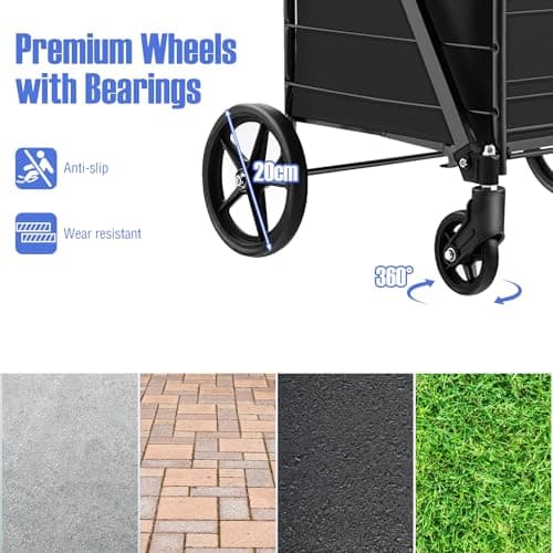 TANGZON Folding Shopping Cart on Wheels, 126L/150KG Capacity Metal Grocery Cart with Extra Basket, Removable Liner & Dense Mesh Base, Jumbo Portable Utility Push/Pull Trolley for Market (Black) — view 3