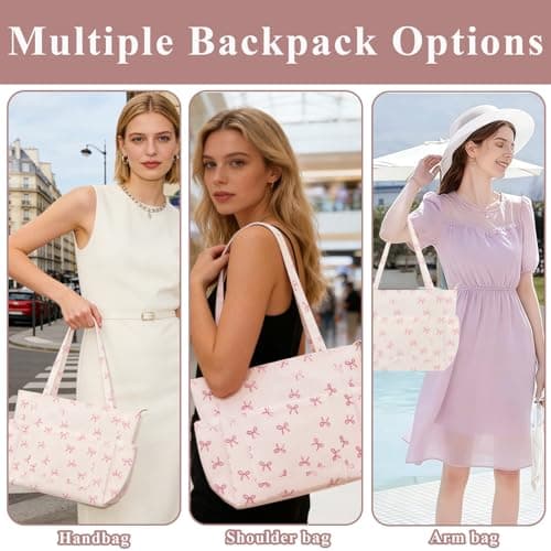 Pink Bow Tote Bags for Women, Large Capacity Beach Bag with 6 Pockets, Polyester Pink Tote Bag for Work and Commute, Lightweight Cute Handbag for Daily Use, Perfect for School, Office and Shopping — view 5