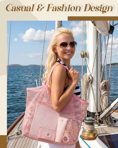 Cunno 6 Pieces Mesh Beach Tote Bag for Women Summer Waterproof Sandproof Shoulder Bag for Travel Vacation Shopping Picnic, Pink, 19.7" x 13" x 6.3", Casual — view 2