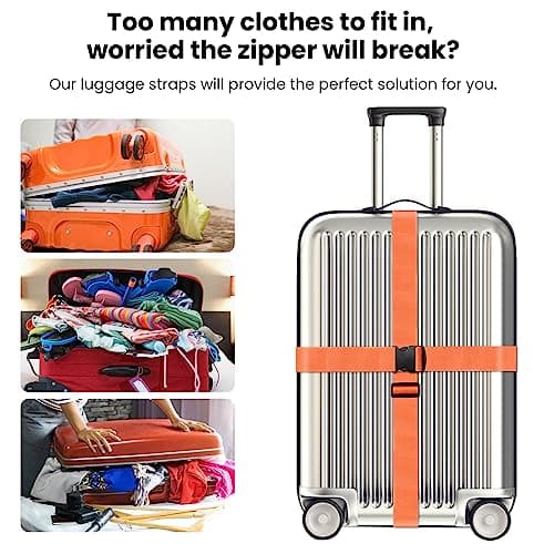 HUSAIHU 2 Pack Luggage Straps for Suitcases, Adjustable Travel Suitcase Belt Connector Straps, Webbing & Heavy Duty Strap with Buckles, Personalised Suitcases Packing (Orange) — view 5