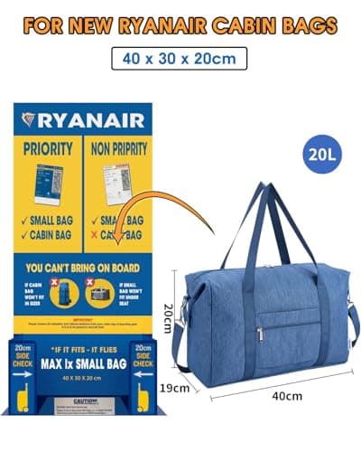 Narwey for Ryanair Cabin Bags 40X30X20 Underseat New Ryanair Small Foldable Travel Duffel Hospital Weekend Bag for Women Ryan Air Carry on Luggage Holdall Tote for Men 20L (Navy Blue) — view 2