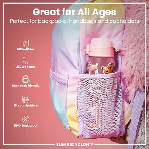 Ion8 Water Bottle, 500ml/18oz, Slim Leak Proof & BPA-Free Drinking Bottle, Secure Lock Prevents Spills, Dishwasher Safe, Carry Handle, Ideal for Adults & Kids - Travel, Gym & School, Pink, Dogs — view 2