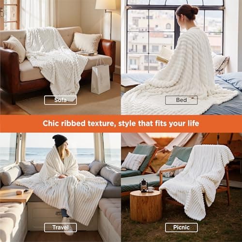 Bedsure Fleece Throw Blanket for Sofa - Fluffy Throw, Off White, 130x170 cm — view 6