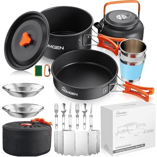HOMGEN Camping Cooking Set with 1 Windshield & 2 Plates Cups Cutlery