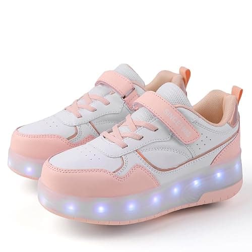 Roller Skate Shoes for Boys and Girls Kids LED Light Up Fashion Sneakers Skating Shoes with Rechargeable and Detachable Wheels The Gift for Party Birthday Christmas Day Pink — view 5