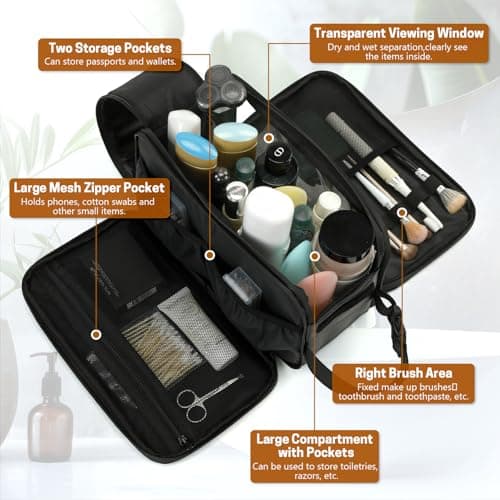 SWISSELITE Leather Toiletry Bag for Men, Water Resistant Dopp Kit for Toiletries Accessories with Wet/Dry Separation, Travel Essentials Shaving Bag Bathroom Organizer for Travel Gym Dorm (Black, L) — view 4