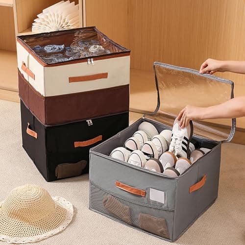 HZXYchen Shoe Storage Organizer, Shoe Organiser Fits 16 Pairs, Shoe Box Storage Containers with Clear Cover & Handles, Foldable Storage Bins with Sock Storage Net Fit for Boots Heels Sneakers (khaki) — view 6