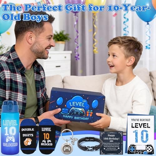 EccoDen 10th Birthday Gifts for Boys Age 10 – Funny Gamer Gift Set with Sports Water Bottle, Gamepad Keyring, Level 10 Socks & Bracelet – Cool Birthday Presents for Gamer Kids — view 2