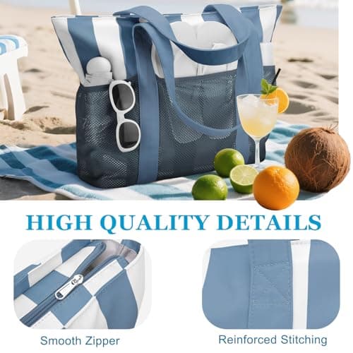 VASCHY Beach Bag for Women, Foldable Waterproof Sandproof Beach Tote with Zipper/Mesh Pockets for Vocation/Cruise/Gym/Travel Stripped Blue White — view 6