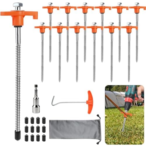 12 Pack Heavy Duty Metal Tent Pegs, Screw In Tent Pegs with Drill Adapter