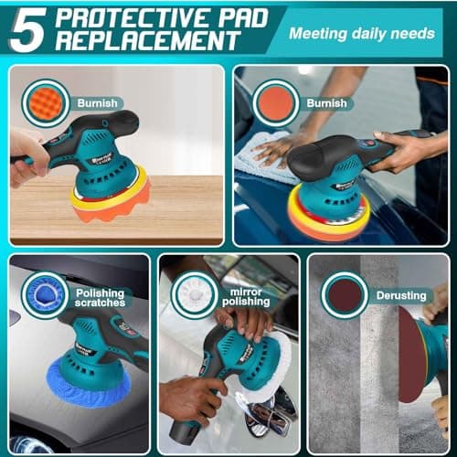 Car Polisher, Electric Car Polisher with 2 Battery Packs and Charger, 8 Variable Speeds 2800-5500RPM, Electronic Display, Rotary Polishing Machines with Sanding Buffing Pads Waxing Cleaning Kit — view 3