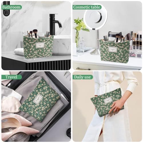 Aucuu Cosmetic Bags, 2 Pcs Small Floral Canvas Cosmetic Bag, Rose Flower Printing Corduroy Toiletry Bag, Multifunctional Travel Makeup Bag with Metal Zipper for Women Girls Gift — view 3