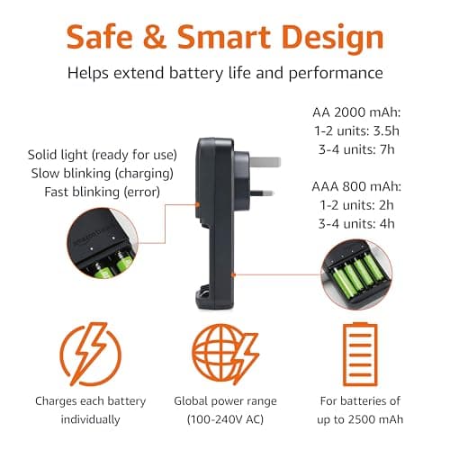 Amazon Basics Battery Charger for Rechargeable AA and AAA NiMh Batteries – UK Plug, 4-Bay, Black — view 2