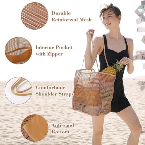 Womens Mesh Beach tote Bag - Foldable, Quick-Dry Tote with Zippered Pocket — view 6