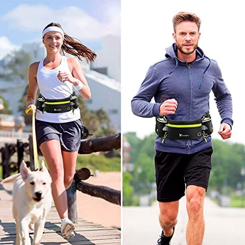 Number-one Running Belt with Water Bottles(2 x 175ML), Hydration Belt Waterproof Waist Pack Bag Fits iPhones Adjustable Sports Waist Pouch for Marathon Running Hiking Cycling, Green, 80cm*12cm*0.5cm — view 6