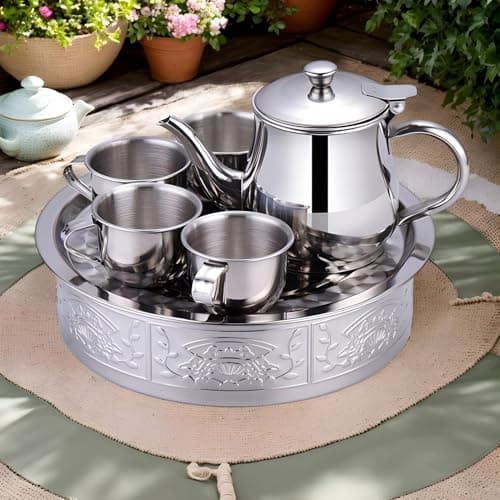 Stainless Steel Tea Set for Kids – Long Spout Teapot, 70ml Cups with Filter Screen, Rustproof Metal Drinkware, Lightweight Serving Tray | Pretend Play Educational Toy for Kindergarten Home Gathering — view 2