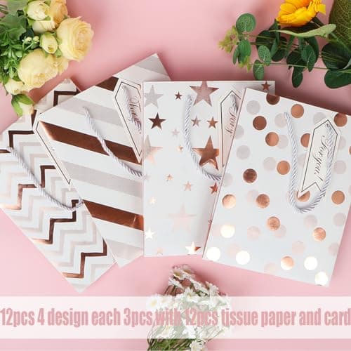 12 Pack 9" Gift Bags Medium Size with Tissue Paper, 4 Design Rose Gold Paper Gift Bags with Handles for Party Wedding Baby Shower Holiday Presents Small Business — view 4