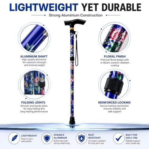 Folding Walking Stick Floral Print Lightweight Cane with T Handle Blue — view 5