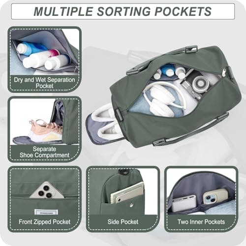 HYC00 Gym Bags Women Men Sports Duffle Bag with Shoes Compartment & Wet Pocket, Travel Duffel Bags for Women Large Weekend Overnight Holdall for Hospital Swimming Carry on Hand Luggage Bag, Army Green — view 3