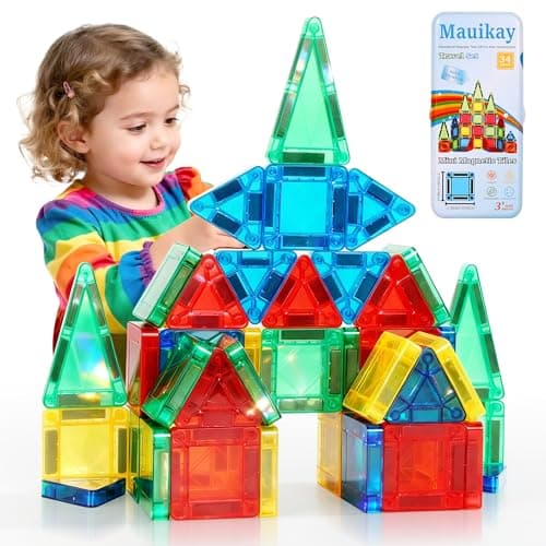 Mauikay Mini Magnetic Tiles for Travel 34PCs Portable STEM Toy with Tin Box