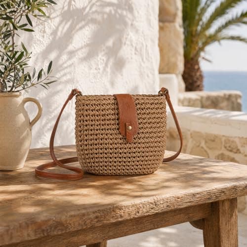 Vosali 1PCS Straw Bag for Women Small Beach Crossbody Bag（Brown） — view 3