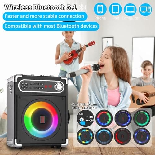 Karaoke Machine with 2 Wireless Microphones, Portable Bluetooth Speaker for Adults & Kids, PA System with LED Lights, TWS, Supports TF Card/USB, AUX in, FM, USB for Home Party Outdoor Gathering — view 5
