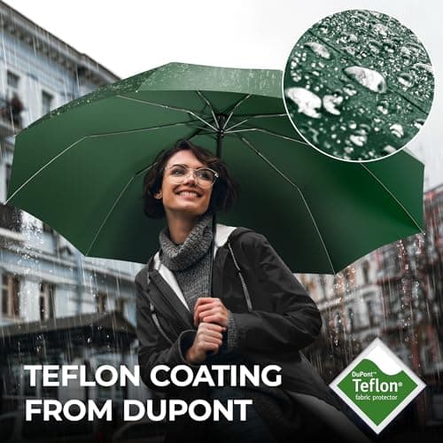 Umbrella Windproof Compact - Strong Storm Proof Frame + Auto Open Close | Women Mens Lightweight Small Travel Folding Golf Brolly + Double Canopy, Ergonomic Handle | Water Resistant Teflon Green — view 4
