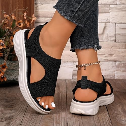 Water Shoes Women, Womens Trainers Ladies Summer Fashion Casual Plus Size Cushioned Sandal Wedge Shoes Walking Lightweight Comfy Breathable Shock Abosrbing Orthopedic Swim Sandals Arch Support Black — view 2