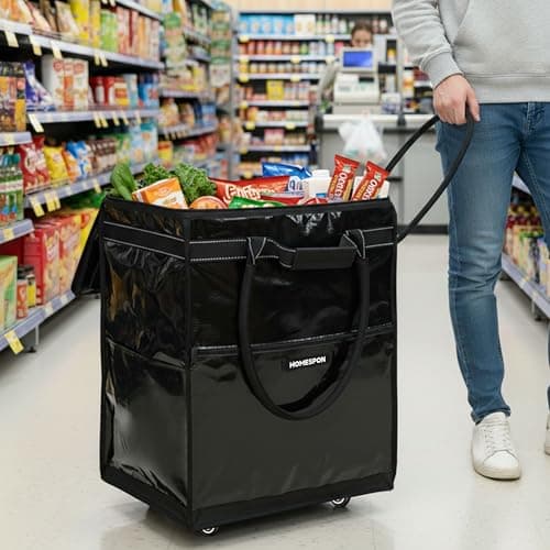 HOMESPON Foldable Shopping Trolley Bag on Wheels, Large Waterproof Reusable Grocery Tote, 5 Sturdy Handles Rolling Shopping Bag for Groceries, Laundry, Camping and Moving — view 2