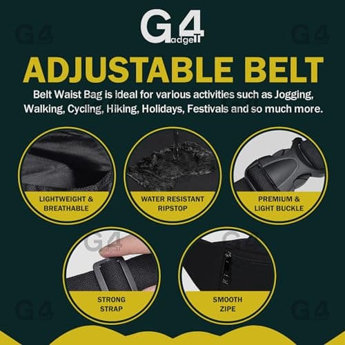 G4GADGET Waist Bag Bum Bag | Adjustable 120cm Belt | Lightweight Fanny Pack for Men & Women | Travel, Running, Festival & Holiday Money Belt with 2 Zipped Pockets — view 5
