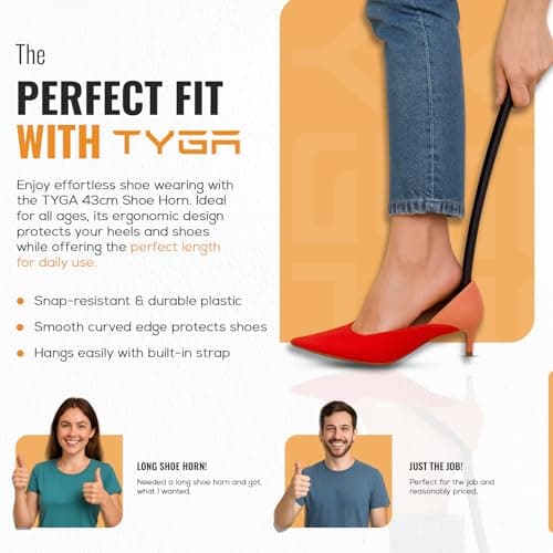 TYGA Long Handled Plastic Shoe Horn for Men & Women, Orange, 43cm, Pack of 1 — view 4