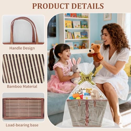 1Set Empty Hamper Basket Gift Baskets Woven Bamboo Basket with Bags, Pull Bows and Shredded Paper Gift Basket Hamper Kit for Birthday,Housewarming (Brown strip) — view 3