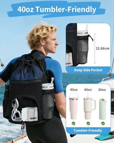 WANDF Drawstring Swim Bag, Sandproof Mesh with Wet and Dry Compartments (Black) — view 3