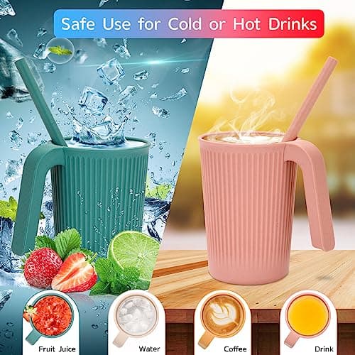 Unbreakable Drinking Cups, 350 ML Plastic Drinking Cups Reusable Cup for Kids Adults, 4 PCS Coffee Mugs with Handle, 4 PCS Straws, Hot or Cold Water Milk Tea Tumblers, Dishwasher and Microwave Safe — view 3