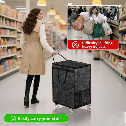 Rolling Tote Shopping Bags, Reusable Grocery Bag Collapsible Cart (Black) — view 2