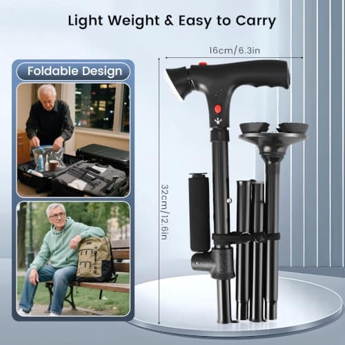 Adjustable Walking Stick with LED Light, Alarm, Dual Handle and Quad Base — view 5