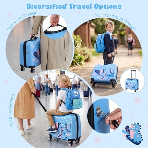 COSTWAY 2PCS Kids Luggage Set, Children Backpack and Ride-on Suitcase with Footrest, Anti-Lose Rope, Travel School Trolley Hardshell Case for Boys Girls (Dinosaur, 28cm Backpack + 33cm Suitcase) — view 3