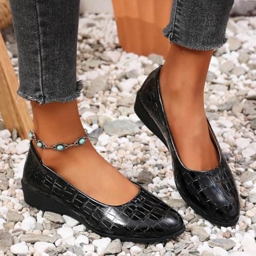 Women's Lightweight Leather Shoes, Women's Comfort Arch Support Wedge Slip-On Shoes Ladies Low Heel Work Ballerina Loafer Shoes (Black,6) — view 3